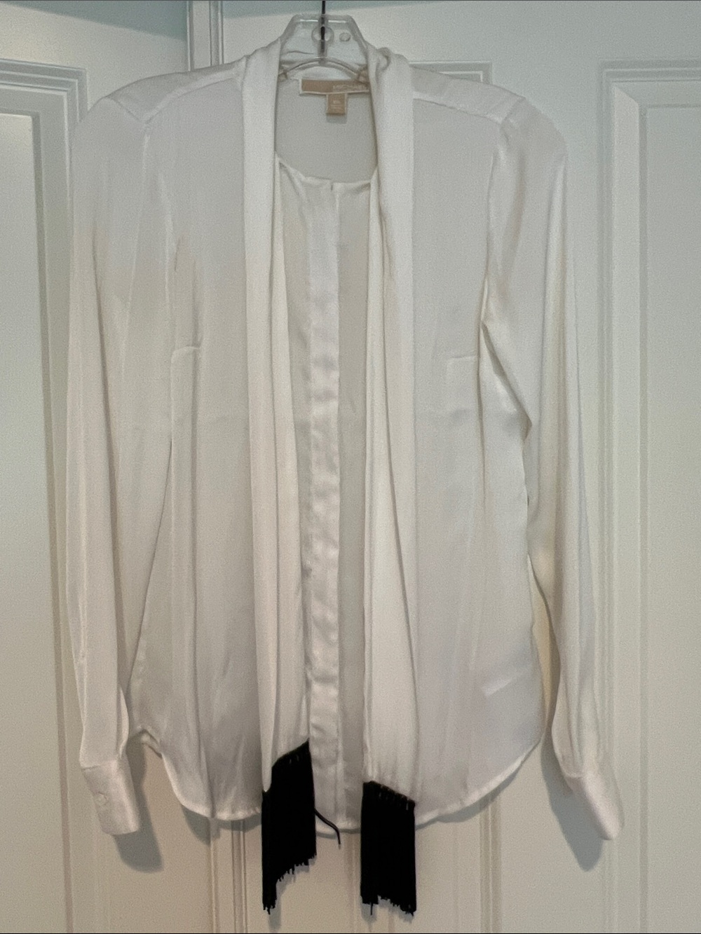 Michael Kors Elegant White Blouse w attached scarf, bow, sash with black fringe